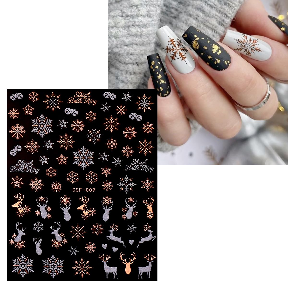 JMEOWIO 9 Sheets Christmas White Glitter Nail Art Stickers Decals Self-Adhesive Snowflake Winter Holiday Rose Gold Nail Supplies Nail Art Design Decoration Accessories