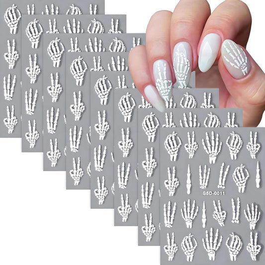 8 Sheets Halloween Nail Stickers 5D Embossed Skull Finger Nail Stickers Self-Adhesive Horror
