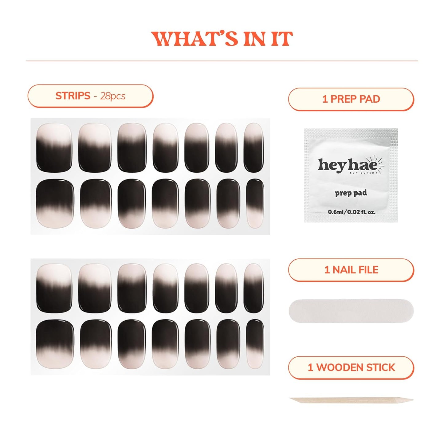 Semi Cured Gel Nail Strips | No LED Lamp Needed | Ombre, Black, Pink | Easy Apply & Remove, Salon Quality | Includes 28 Strips, 1 Prep Pads, Nail File & Wooden stick - Hey, Flash On Please