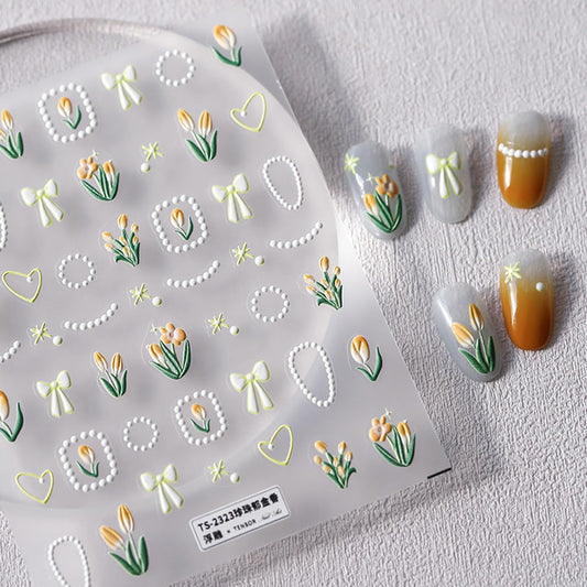 Flower Nail Stickers 5D Embossed Nail Art Stickers Decals Self-Adhesive Tulips Floral Bows Spring