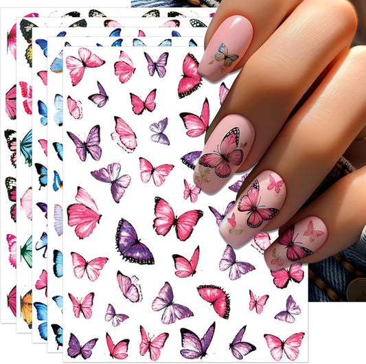 8 Sheets Butterflies Nail Art Stickers - Colorful Butterflies Wing Self-Adhesive Nail Decals for