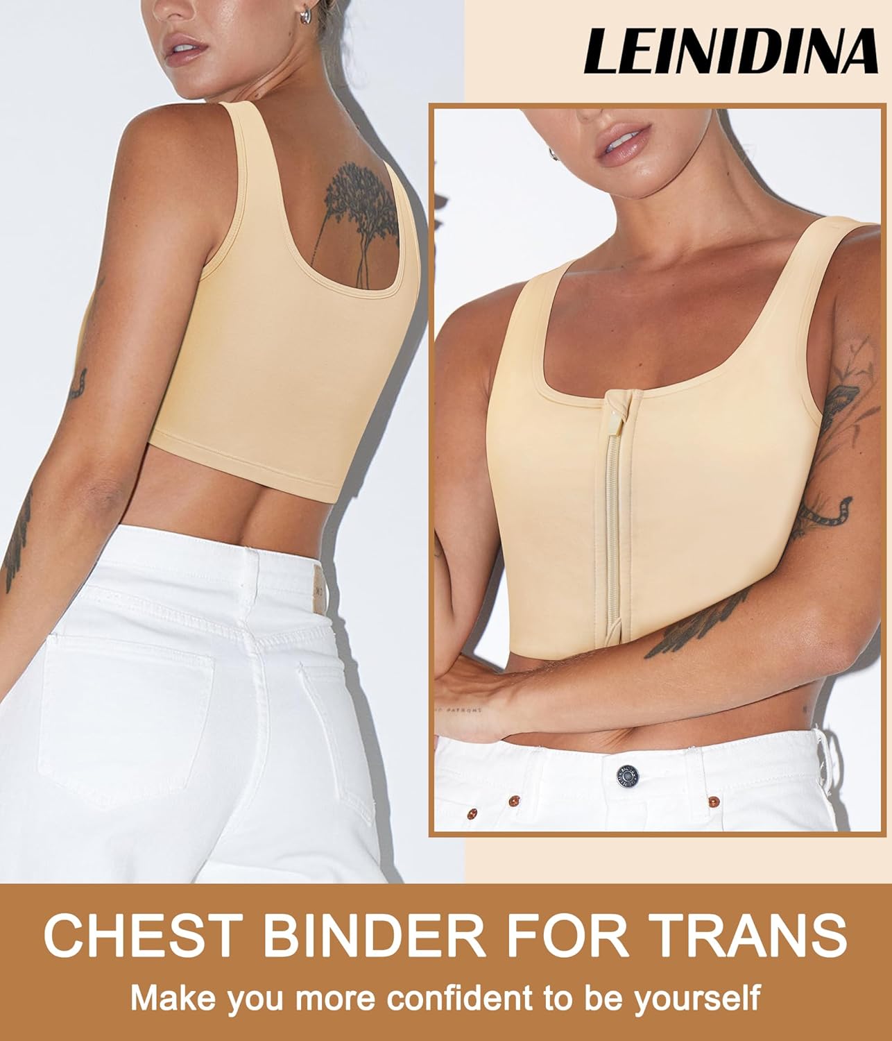 LEINIDINA Chest Binder Tomboy Transgender FTM Square Collar with Front Zipper Binder Bra Tank Top