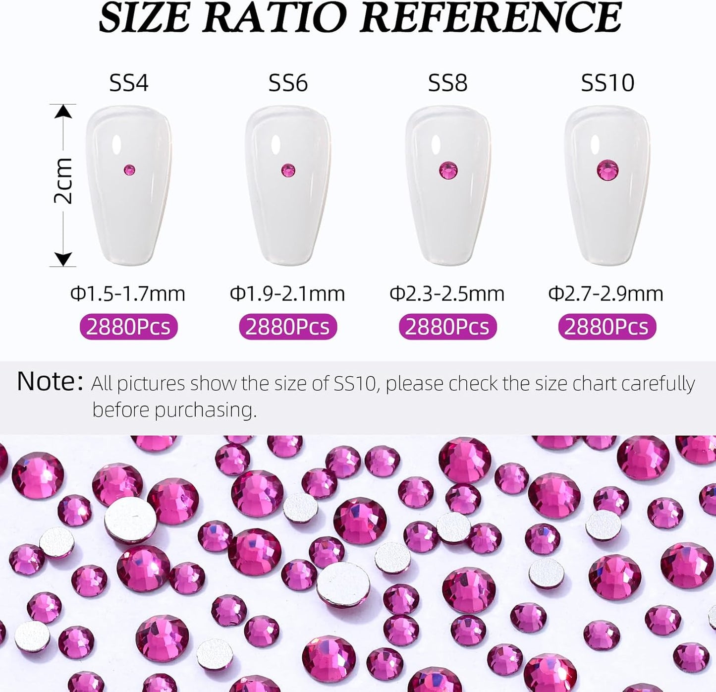 Fuchsia Flatback Rhinestones, Glass Rhinestones for Nail Art and Craft, Glue Fix, Loose Crystal Gemstones(Fuchsia, SS8, 2880pcs, 2.3-2.5mm)