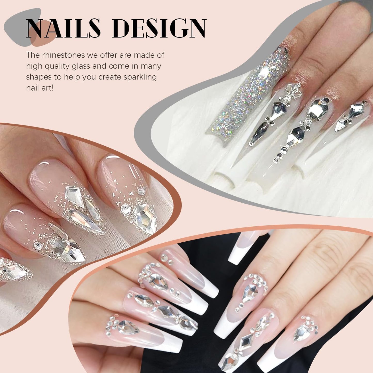 1680Pcs Silver Clear Nail Rhinestones 180Pcs Multi Shapes Glass Flatback Nail Gems + 1500Pcs 1.5-4mm Round Crystal with Rhinestones Glue Gel, Manicure Nail Charms Diamond Gemstones for Nail Art