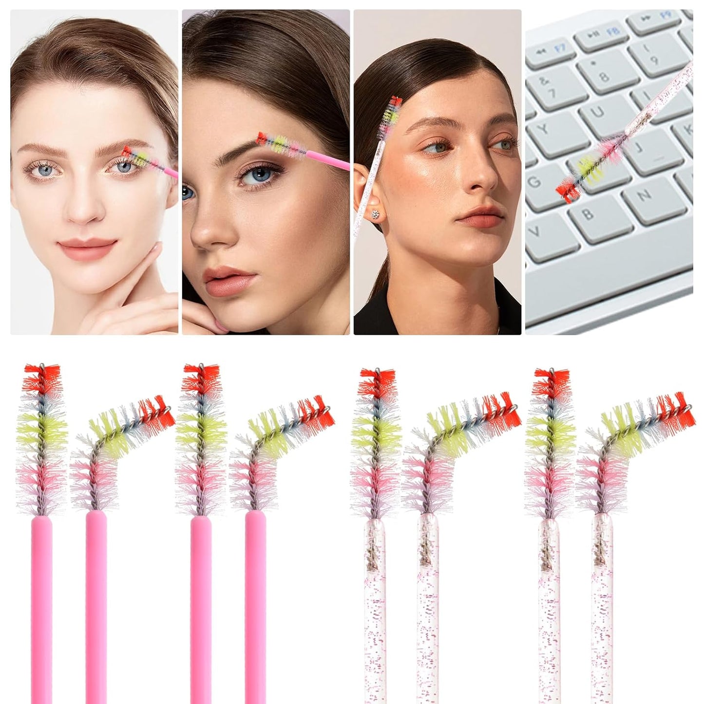 300PCS Disposable Mascara Wands Spoolie Brush Crystal Eyebrow Rainbow Brushes Eyelash Extension Applicator Makeup Kits(Pink)