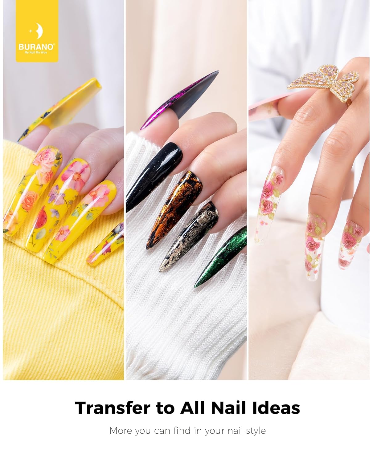 BURANO Nail Art Nail Foil Glue Gel, o.5 oz with 10PCS Foil Stickers Set Nail Foil Glue for Nails Foil Transfer Gel, Nail Design DIY UV LED Lamp Required (Popular Foil 12)