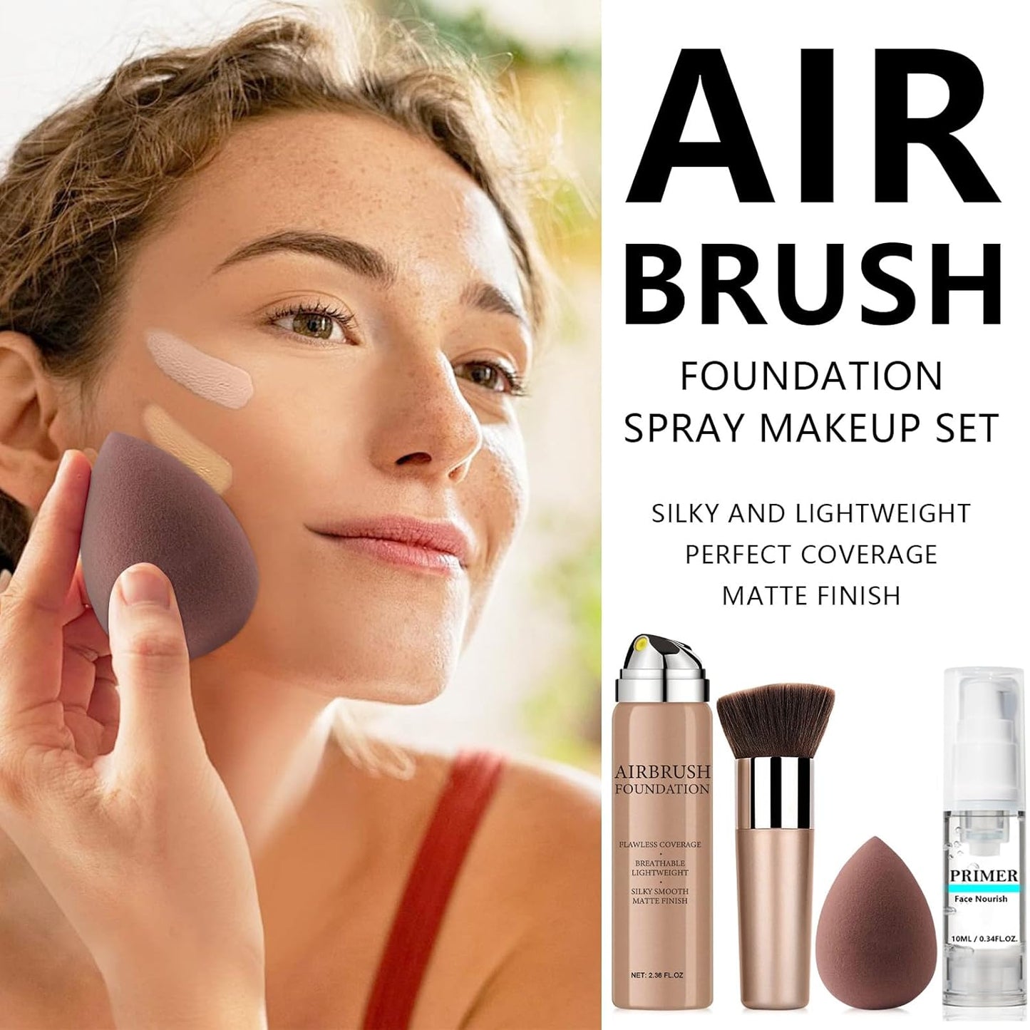 AirBrush Foundation Spray With Primer and Brush, Silky Mist Foundation Spray Makeup, Full Coverage Foundation for Smooth Radiant Finish, Formula Breathable Lightweight Hydrating(#1 Natural)