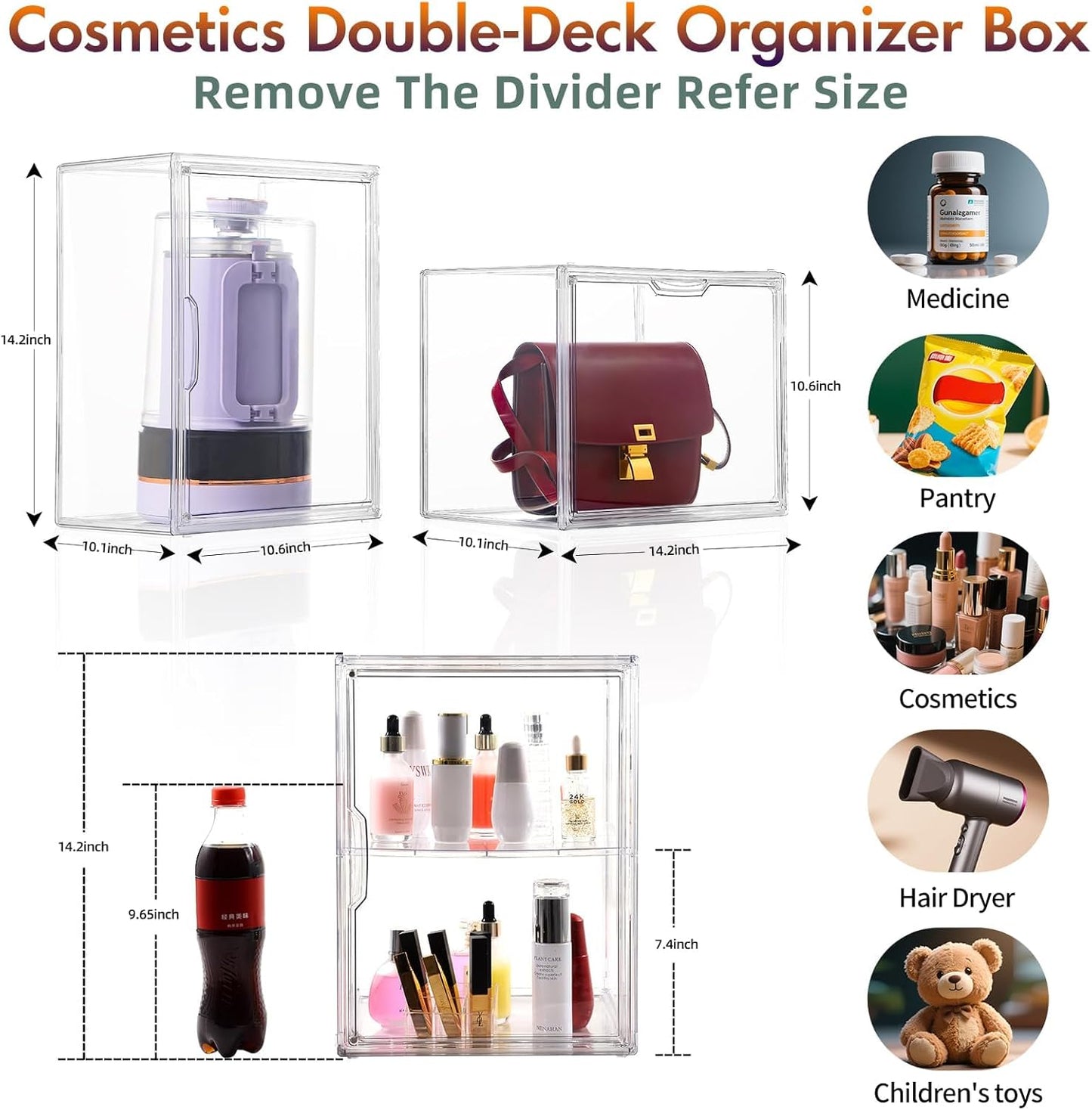 2Pack Makeup Organizer Storage, Large Capactiy Acrylic Bathroom Organizer, Clear Cosmetics Organizer Bins with Division Board for Vanity, Skincare, Countertop Storage and Display Case