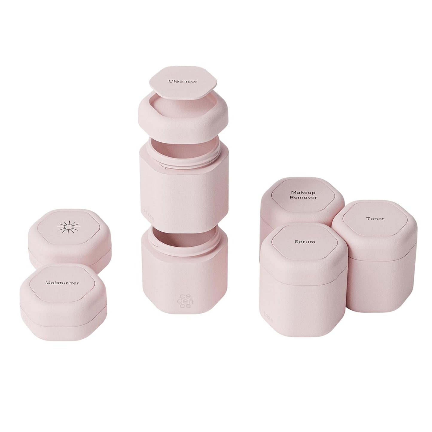 Cadence Travel Containers - Full Skincare Set - Magnetic Containers with Lids,Carry On Travel Essentials For Women/Men - 2 Small (0.56oz), 4 Medium Capsules (1.32oz), & Extender (1.43oz) - Petal