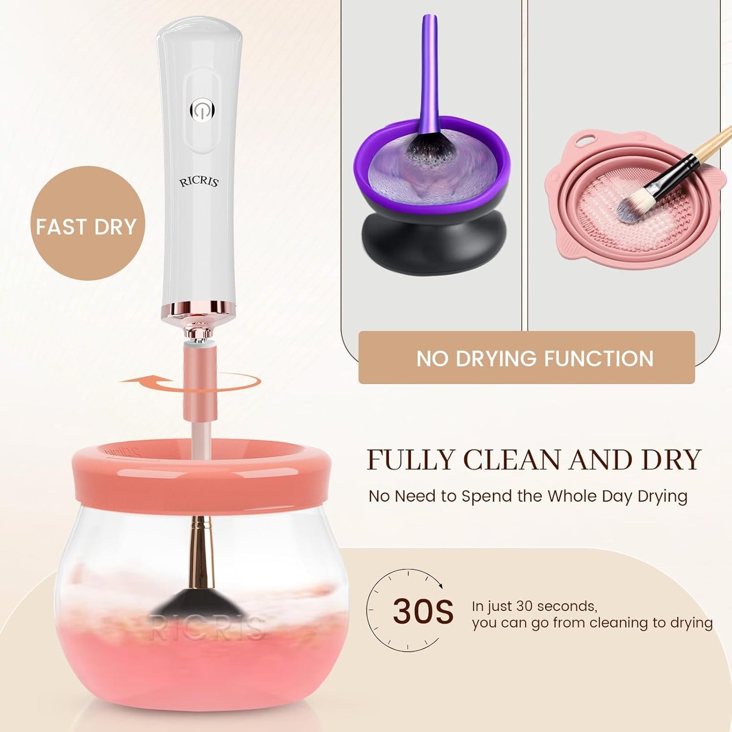 Electric Makeup Brush Cleaner and Dryer Machine - Super Fast Clean and Dry Make Up Brushes - Automatic Cosmetic Brush Spinner Washer Tools