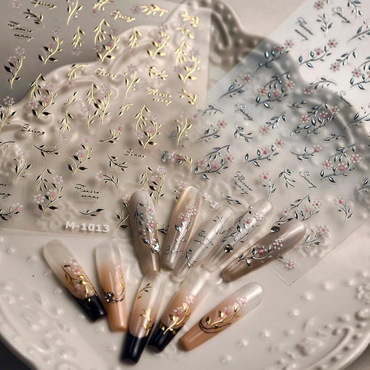 Leaf Flower Nail Stickers Gold Branch Nail Designs 3D Self-Adhesive Silver Leaf Nails Supplies 5D