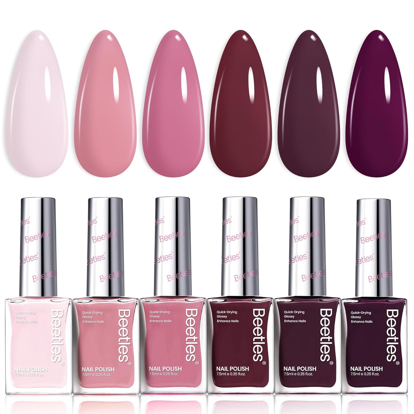 Beetles Nail Polish Set - Twilight Rose 6 Colors Quick Dry Baby Pink Burgundy Red Purple Plum High-Gloss Long-Lasting Nail Polish for DIY At-Home Manicure Fall Gift for Women
