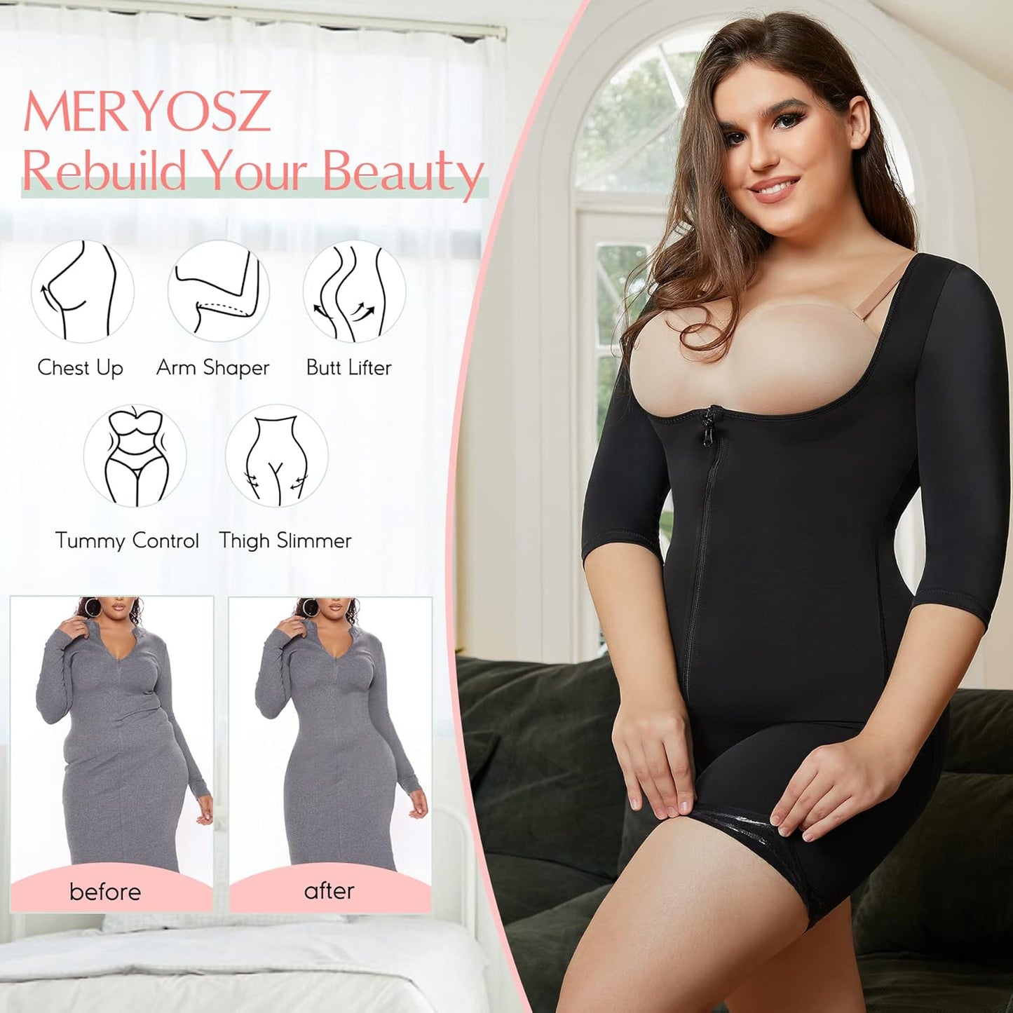 MERYOSZ Full Body Waist Trainer for Women Zipper Tummy Control Bodysuit Upper Arm Shaper Open Bust Slimmer Corset Shapewear