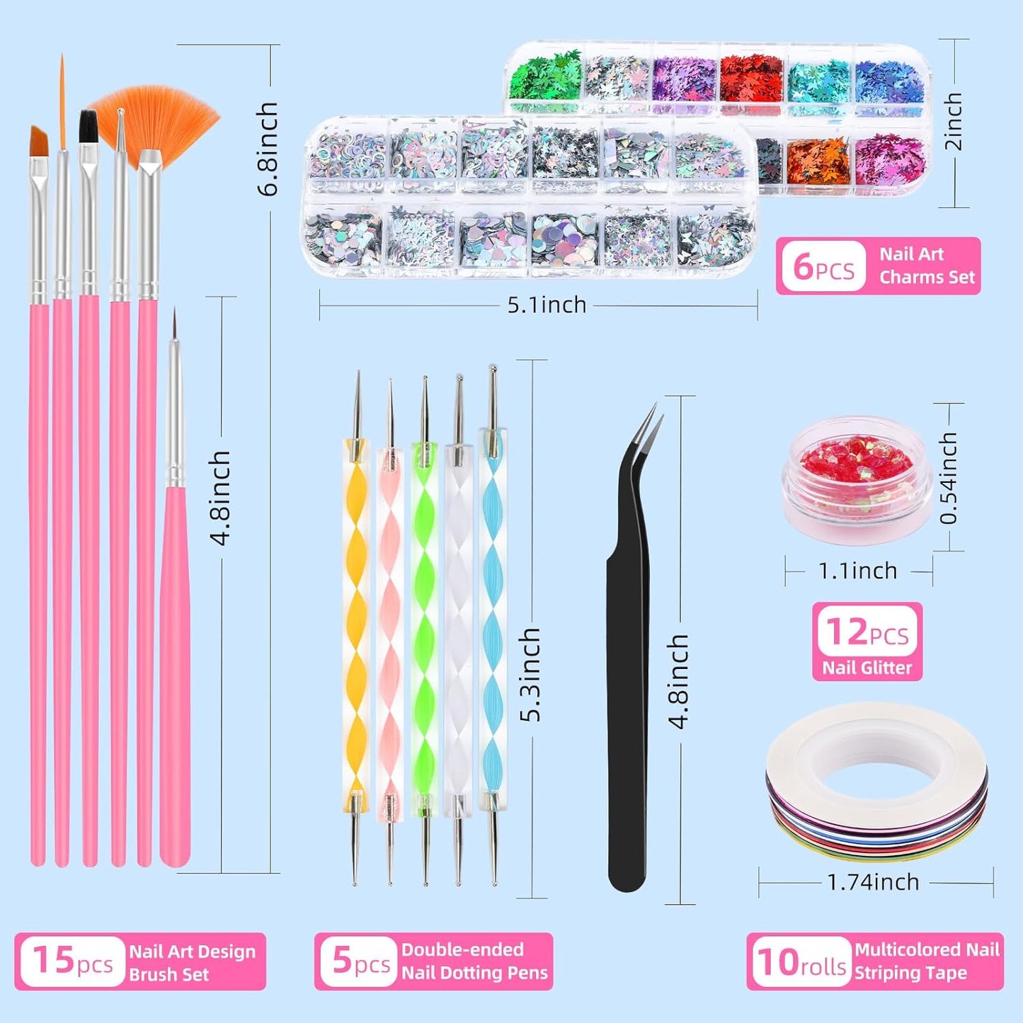 Nail Art Kit for Beginners with Nail Brushes Set and Dotting Tools, Jumbo Holographic Glitter Sequins Assorted Heart Star Maple Leaf Glitter Flakes Colorful Striping Tape with Tweezers (02-Pink)