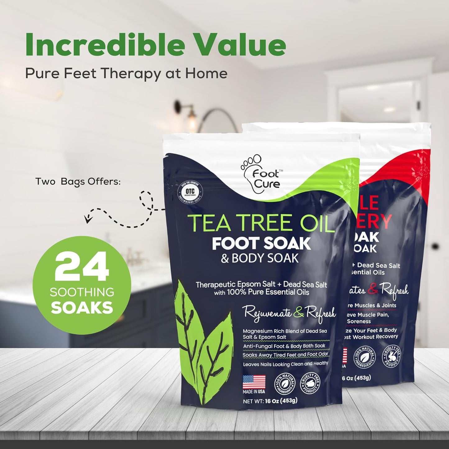 Tea Tree Oil & Muscle Foot Soak with Epsom Salts - All-Natural Salts for Post-Workout Recovery - Softens Calluses, Soothes Sore & Tired Feet, Foot Odor Control, Spa Pedicure, Made in USA, Pack of 2