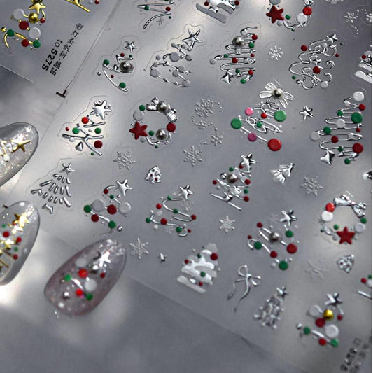 Christmas Nail Stickers Xmas Tree Nail Art Stickers Silver Nail Decals for Nails Art 5D Embossed