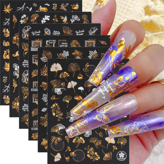 Laser Golden Fall Maple Leaves Nail Art Stickers, Maple Leaves Nail Decals 3D Self-Adhesive with