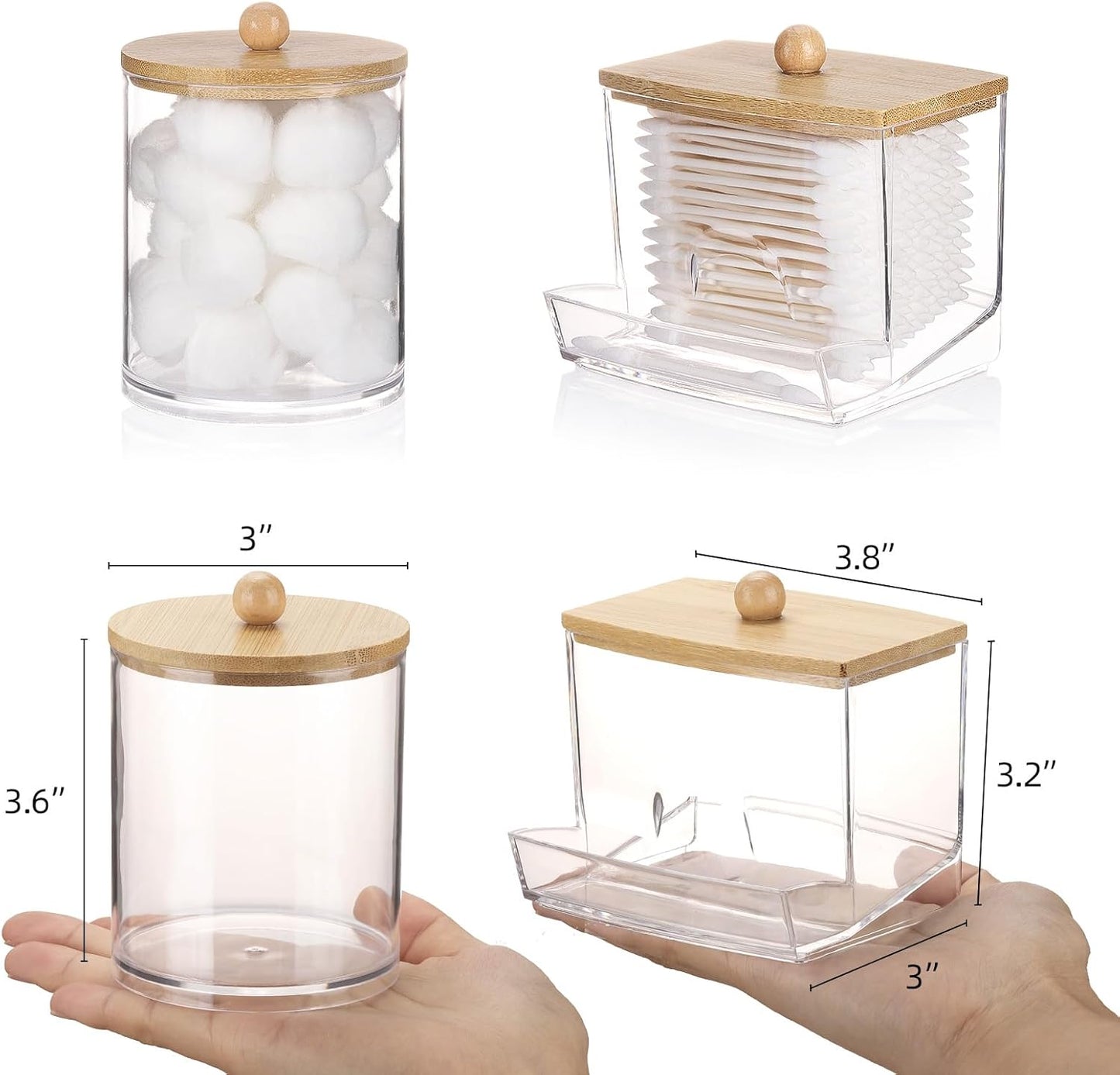 Tbestmax Qtips Dispenser, 10/12 oz Big Cotton Ball Holder Bathroom Container - Plastic Apothecary Jar Organizer for Storage Swabs, Rounds, Floss Picks - Bamboo Lids