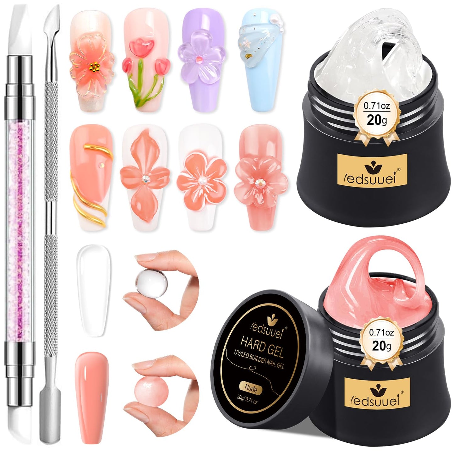 Solid Builder Gel for Nails LEDSUUEI - 2 Color Clear Nude 3D Nail Gel Sculpting Non-Sticky Hand Carving Glue Extension for Manicure Salon Home Decoration DIY 20g