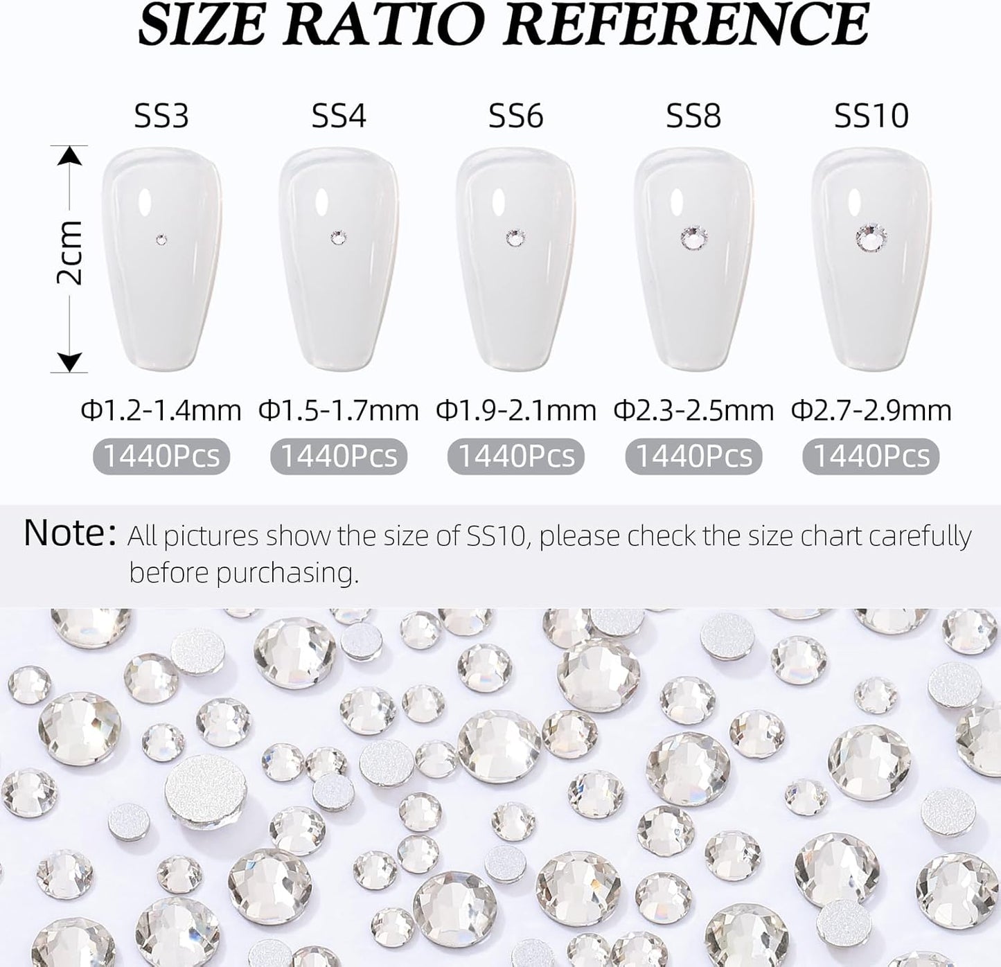 Crystal Clear Flatback Rhinestones, Glass Rhinestones for Nail Art and Craft, Glue Fix, Loose Crystal Gemstones(Crystal, SS10, 1440pcs, 2.7-2.8mm)