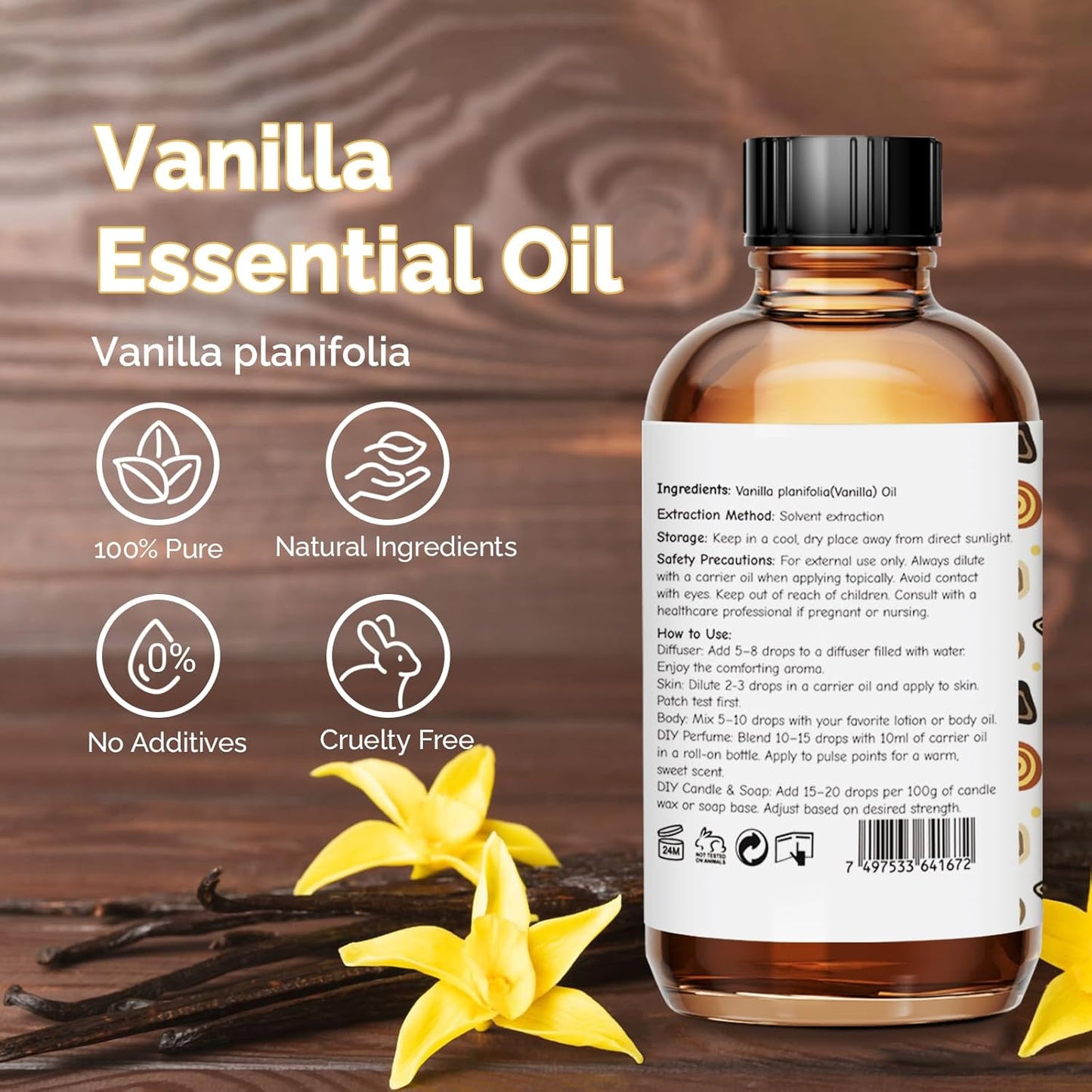Vanilla Essential Oil 4 Oz, 100% Pure Vanilla Oil for Diffuser, Skin, Hair, Body & Face, Perfume, Sweet Creamy Scent for Relaxation, Aromatherapy & Massage
