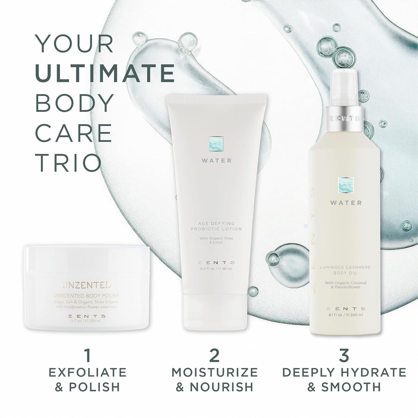 Zents Luminous Cashmere Body Oil (Water Fragrance) | Moisturizing Body Oil with Vitamin E & Organic Coconut Oil | Softens & Smooths Skin | 8 fl oz