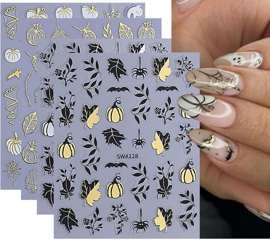 4 Sheets Halloween Nail Stickers Gold Silver Black Nail Art Stickers Pumpkin Maple Leaves Self
