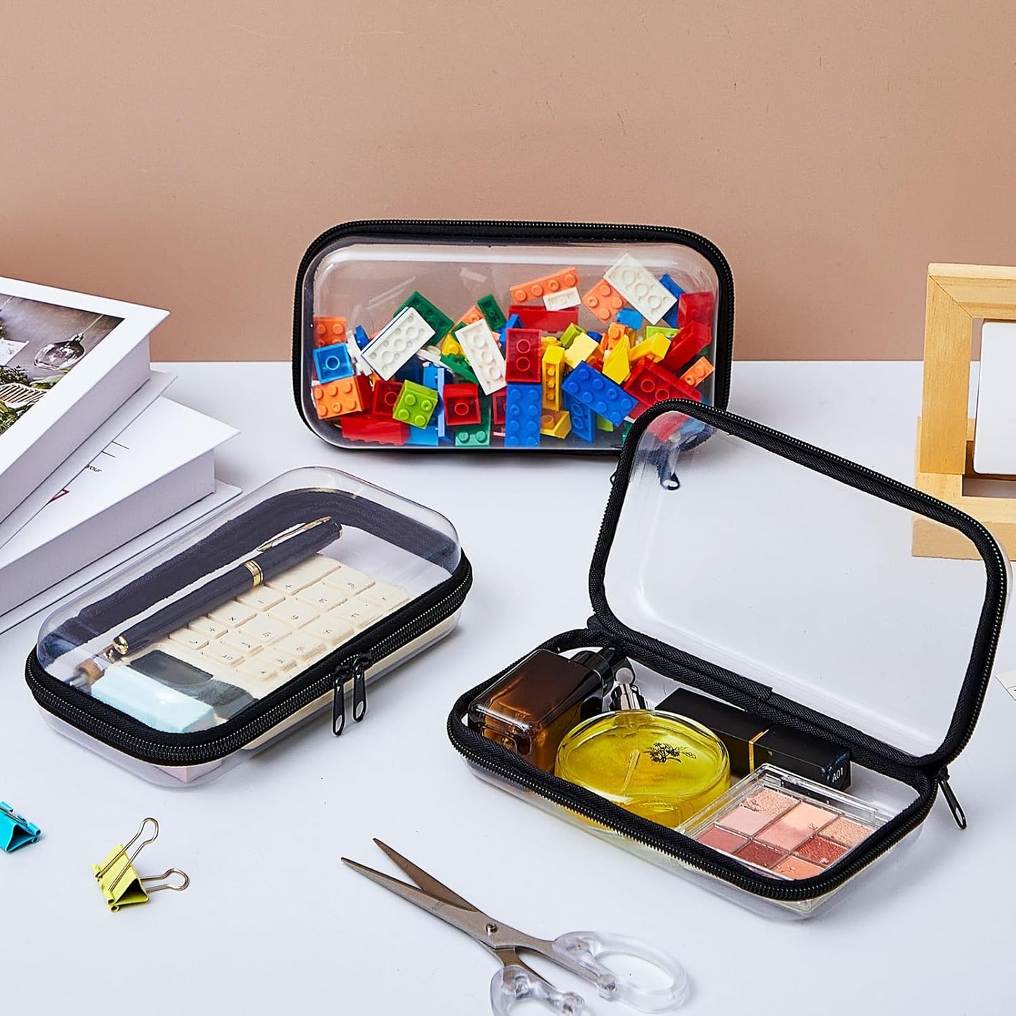 Hoolerry 3 Pcs Clear Hard Zipper Case Plastic Pouch Transparent Hard Case Clear Makeup Bag Portable Travel Organizer Bin for Cosmetics, Building Blocks, Puzzles(Black,S)