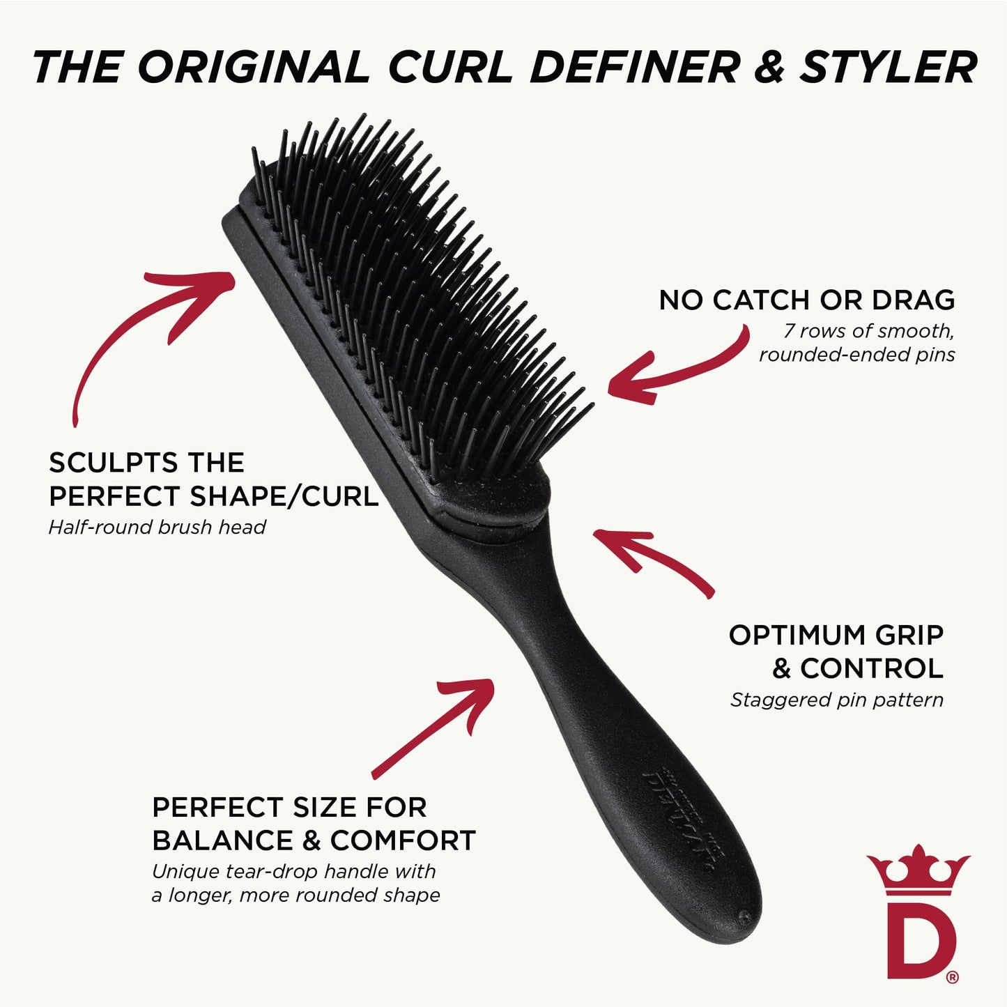 Jack Dean by Denman Curly Hair Brush D3 (All Black) 7 Row Styling Brush for Detangling, Separating