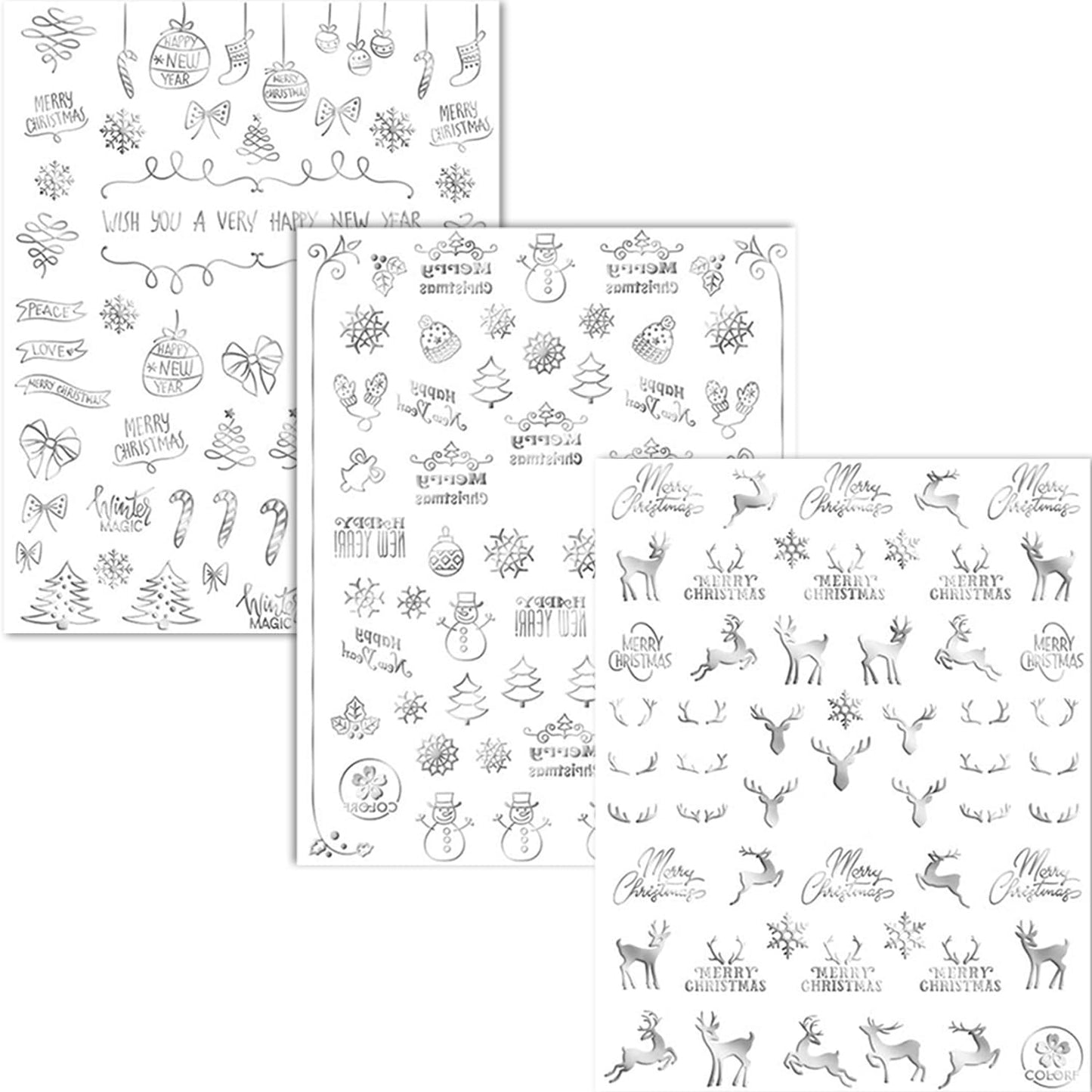 HNUIX Nail Stickers - 3D Christmas, Self Adhesive Nail Decals, Multi Pattern, Silver, 9 Sheets, for Nail Art