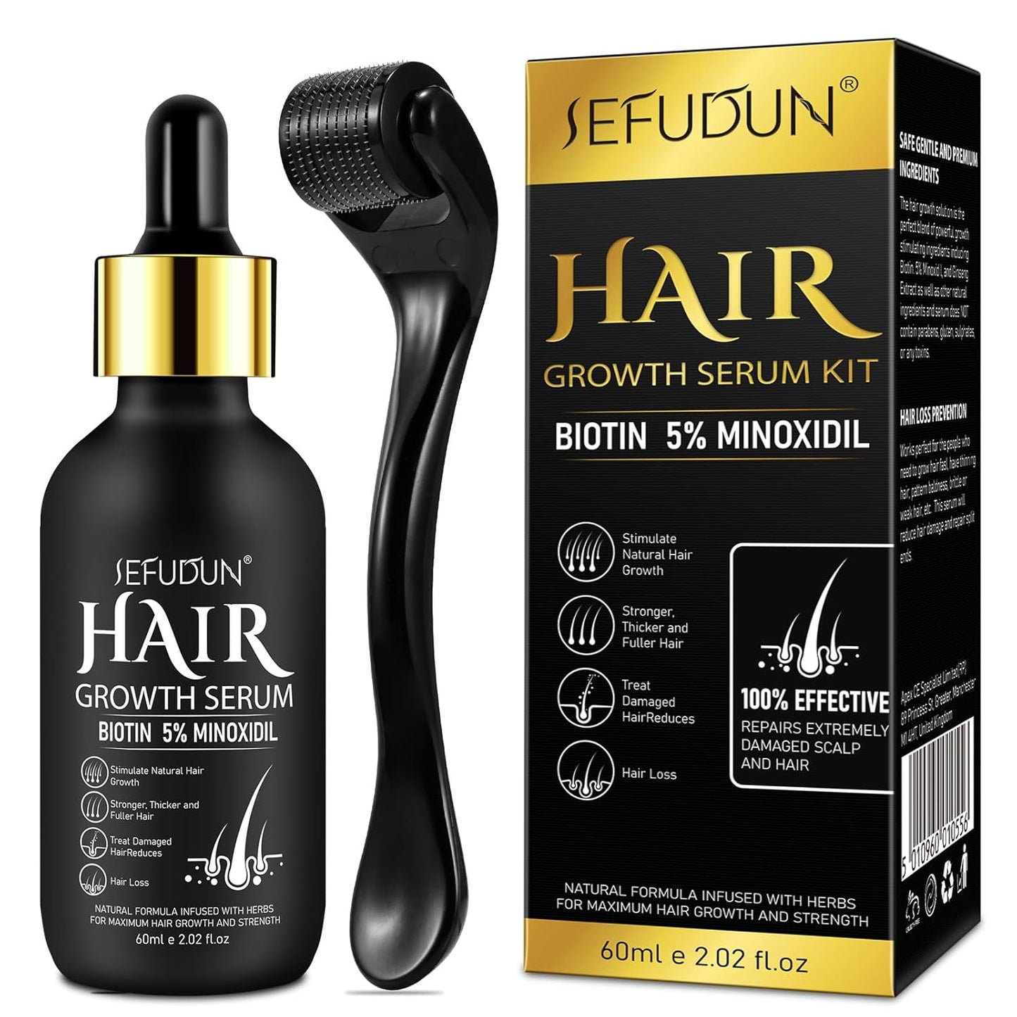 5% Minoxidil for Men and Women with Derma Roller, Hair Growth Serum & Beard Growth Kit, Minoxidil Biotin Hair Regrowth Treatment for Thicker, Fuller Hair - Stop Scalp Hair Loss & Thinning - 2.02 oz
