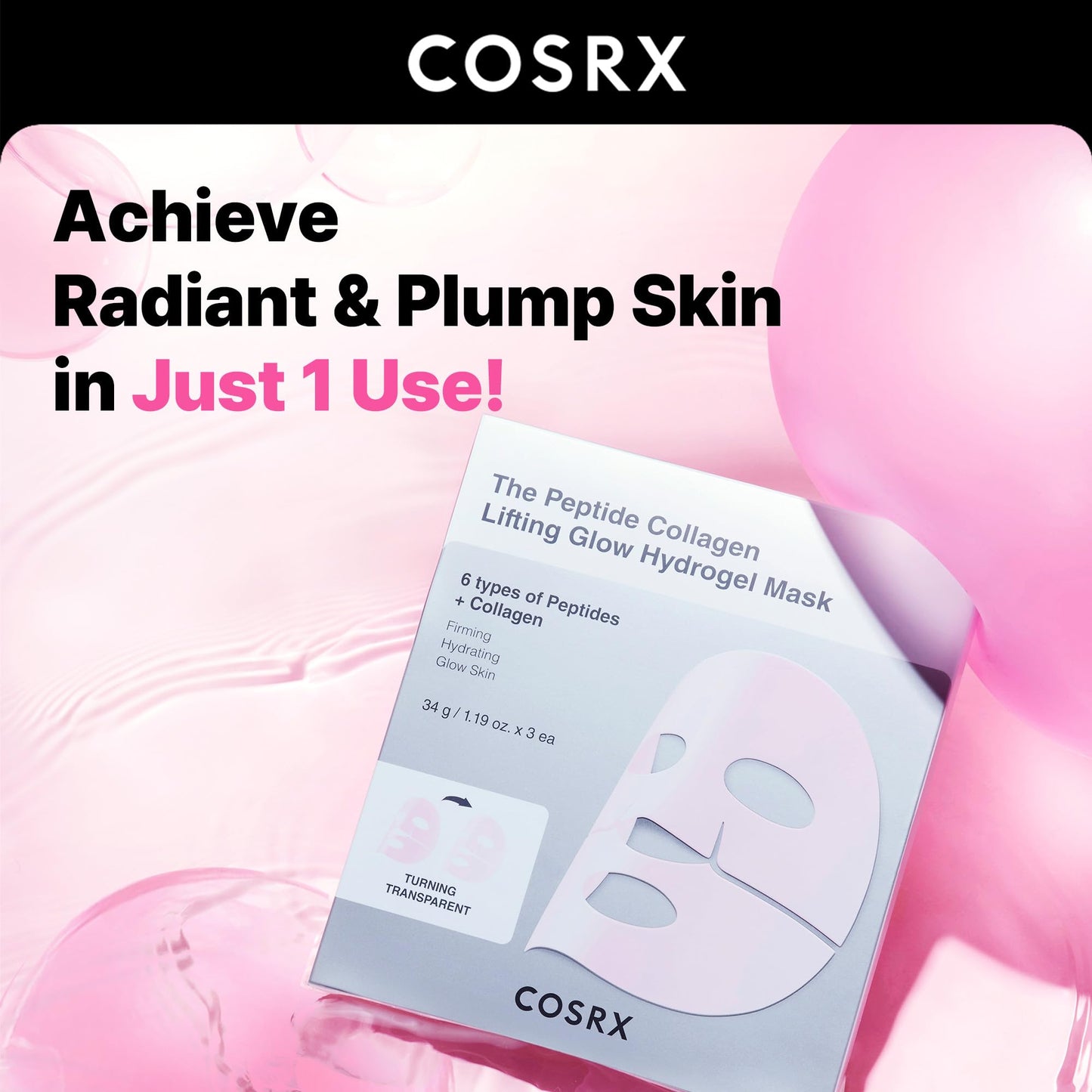 COSRX Pink Peptides Collagen Lifting Glow Hydrogel Face Masks 3 EA