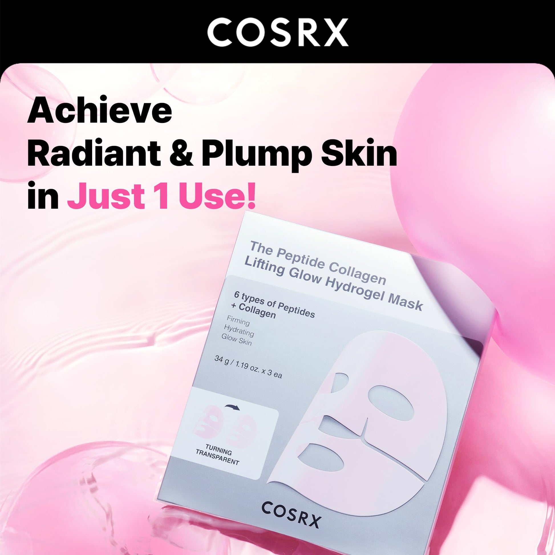 COSRX Pink Peptides Collagen Lifting Glow Hydrogel Face Masks 3 EA