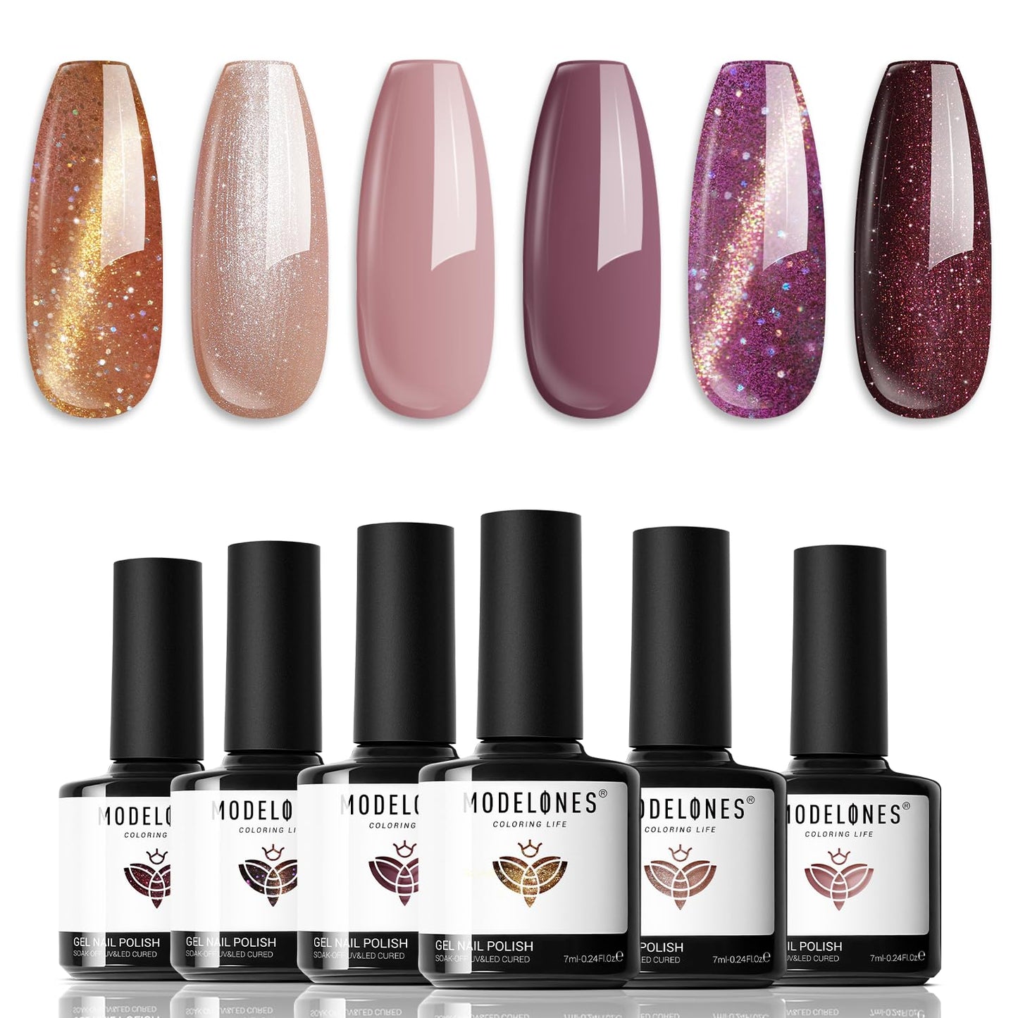 modelones Gel Nail Polish Set, 6 Colors Nude Brown Gel Polish Glitter Burgundy Shiny Champagne Gold Magnetic Cat Eye Effect Sparkle Stunning Home Nail Art Kit Gift for Girl Women