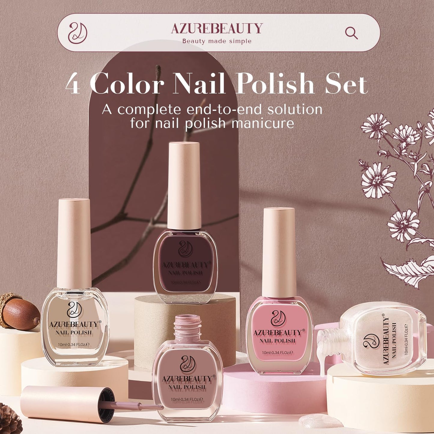AZUREBEAUTY Nail Polish Set 4 Colors Brown Pink Glitter Nail Polish Quick Dry Natural Nail Lacquer Fingernail Kit with Top Coat DIY Salon Home