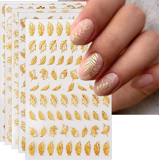 Gold Leaves Nail Art Stickers - Minimalism Geometry Line Self-Adhesive 3D Nail Decals for DIY Golden Manicure(10 Sheets)