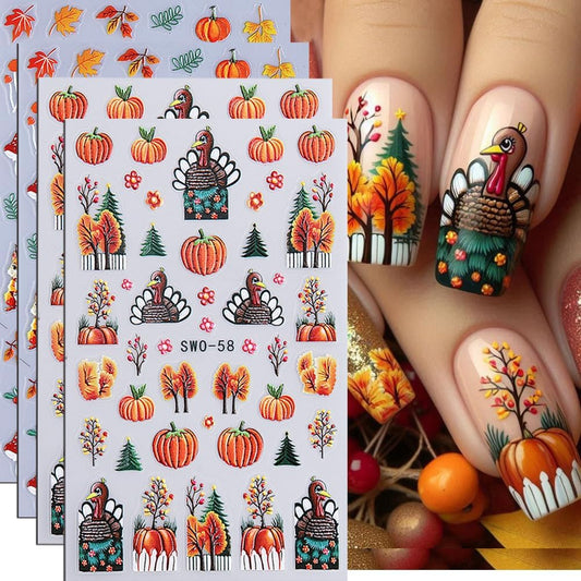 4Pcs Fall Nail Stickers 3D Pumpkin Maple Leaves Thanksgiving Nail Decals Orange Tree Nail Art