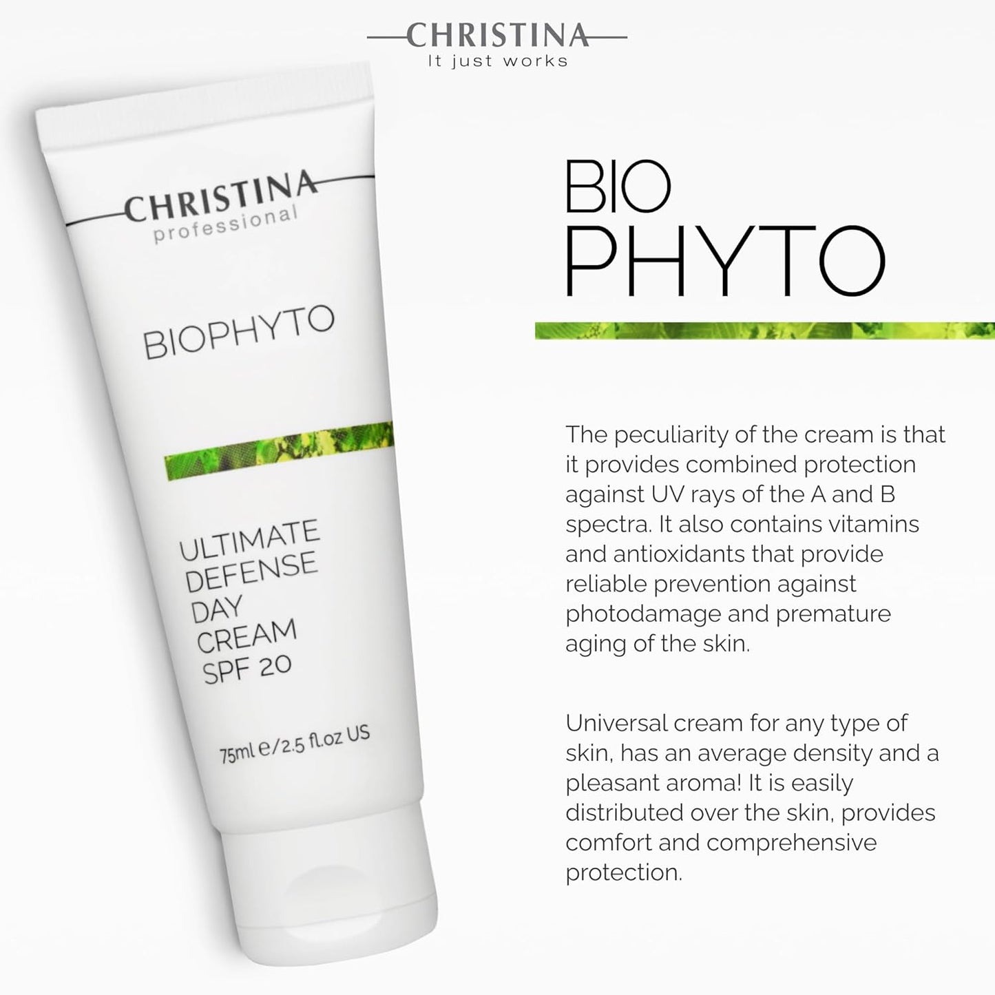 Christina Bio Phyto Ultimate Defense Day Cream Moisturizer with SPF 20-75 ml - Broad Spectrum UVA/UVB Protection Facial Moisturizer with Hyaluronic Acid & Vitamin B12- For Normal & Combination Skin