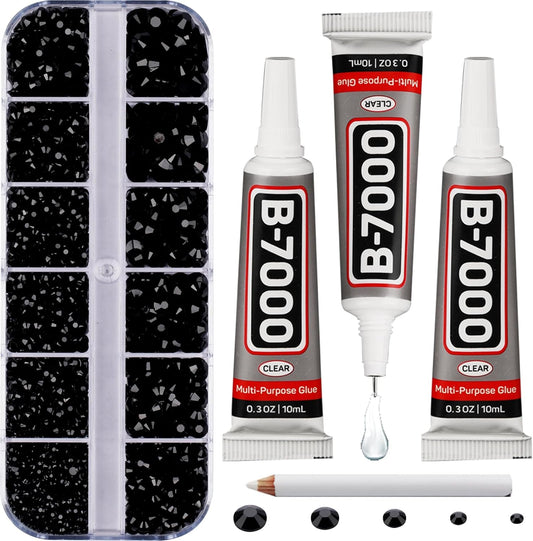 6000Pcs Black Rhinestones for Crafting Bedazzling with b 7000 Jewelry Glue, Resin Flatback Crystal