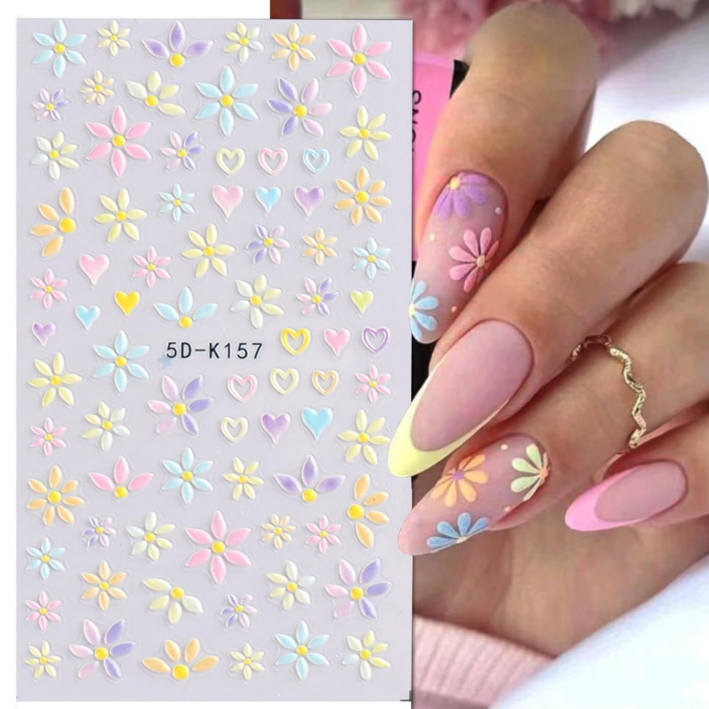 6 Sheets Flower Nail Art Stickers Decals 5D Embossed Nail Decals Spring Summer Self-Adhesive Nails Accessories 3D Flowers Decal for Women Nails Design Decoration