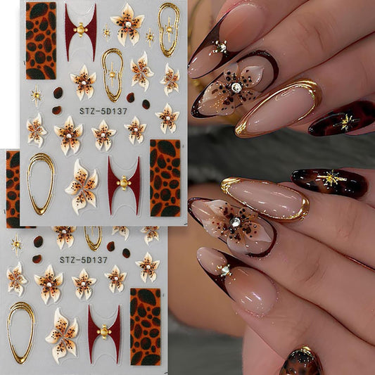 Fall Nail Stickers Leopard Flower Nail Decals Autumn Nail Art Supplies 5D Embossed Self Adhesive