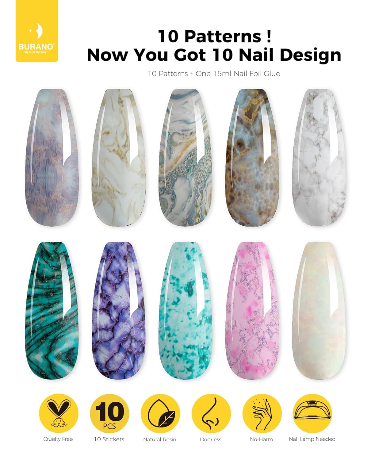 BURANO Nail Art Nail Foil Glue Gel, o.5 oz with 10PCS Foil Stickers Set Nail Foil Glue for Nails Foil Transfer Gel, Nail Design DIY UV LED Lamp Required (Marble Foil 15)