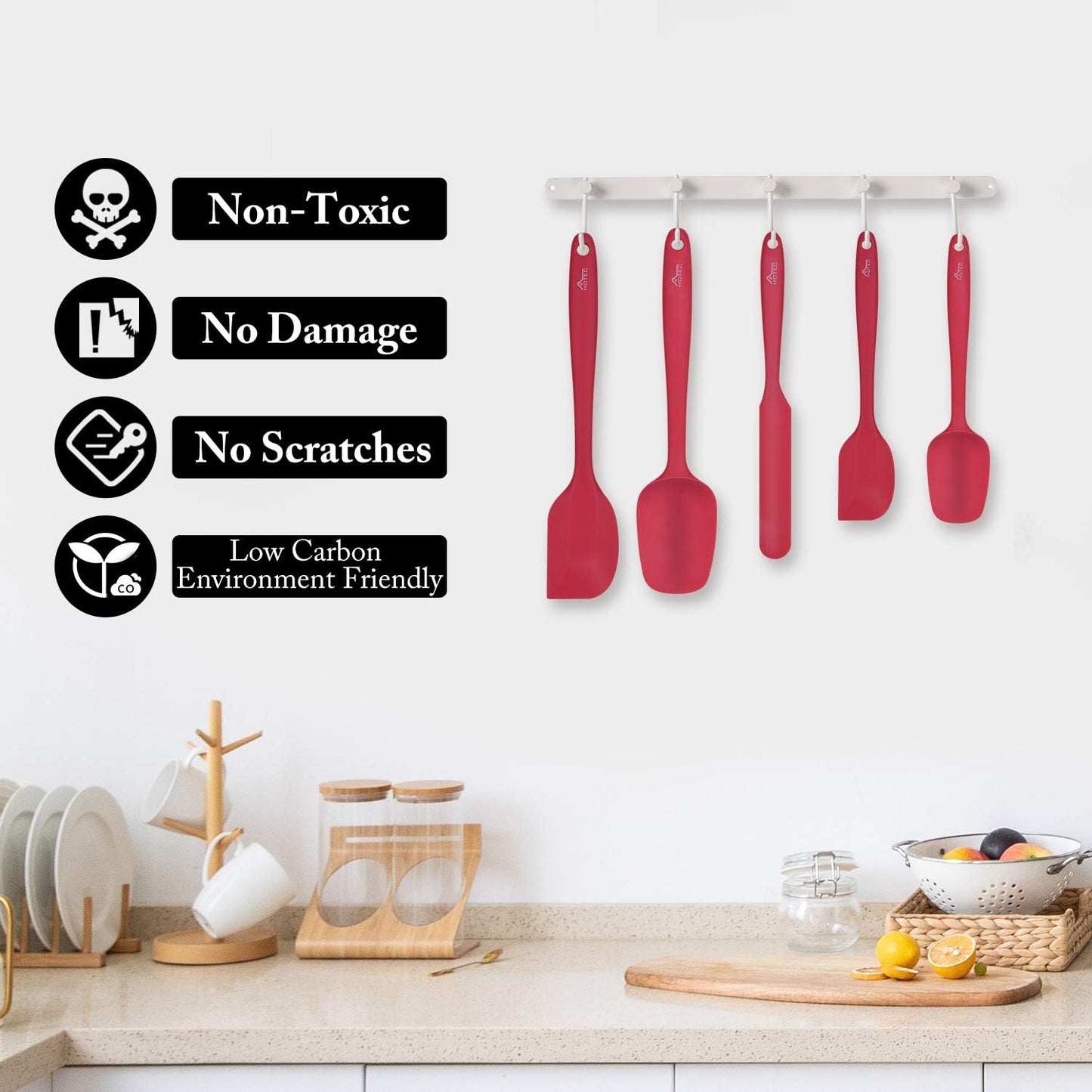 HOTEC Heat Resistant 600℉ BPA-Free Silicone Rubber Spatula Set, Kithchen Cooking Spatulas, Baking, Mixing, for Non Stick Cookware, Dishwasher Safe, Red Set of 5