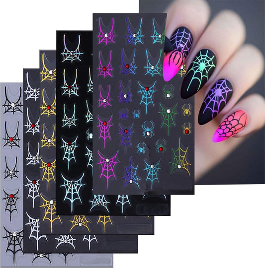 5 Sheets Halloween Nail Art Stickers 3D Self -Adhesive Spider Web with Rhinestones Design Nail