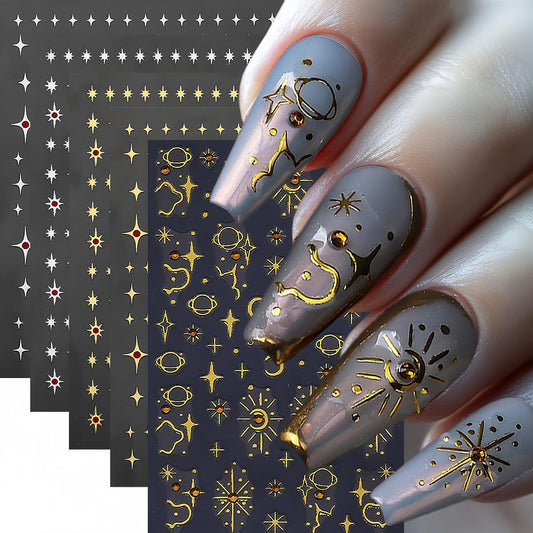 5 Sheets Star Nail Art Stickers 3D Self-Adhesive Gold Stars Starlight Nail Stickers with Red