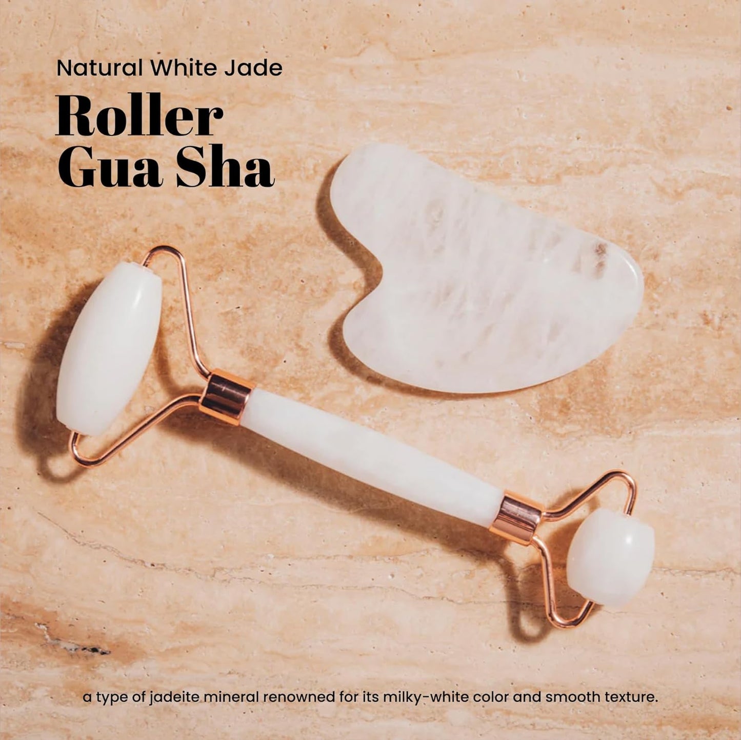 Gua Sha Facial Tools & Face Roller by ROSELYNBOUTIQUE Original Face Massager for Puffiness Wrinkless Skin Care Routine - Self Care Gift for Men Women (White Jade)