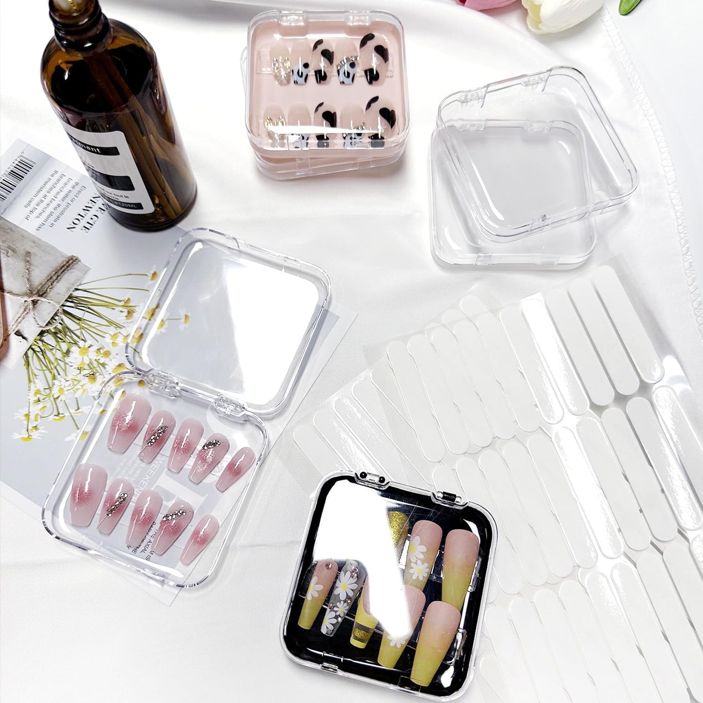 12pcs Press on Nail Storage Box with 60 Pcs Adhesive Double Sided Tape Acrylic Nail Display Box Artificial False Nail Box Organizer Fake Nail Case Transparent Nail Packaging Boxes for Nail Salon