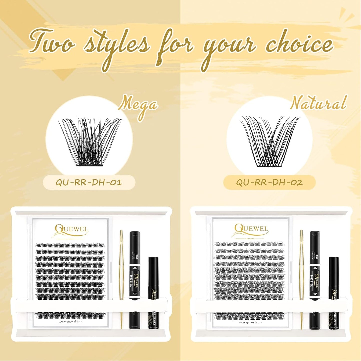 QUEWEL DIY Lash Extensions Kit Lash Clusters 144 Pcs, Cluster Lashes Golden Lashes Tweezers, Eyelash Clusters Bond and Seal Waterproof, Cluster Lash Glue Remover for DIY Lash Extensions (QU-RR-DH-02)