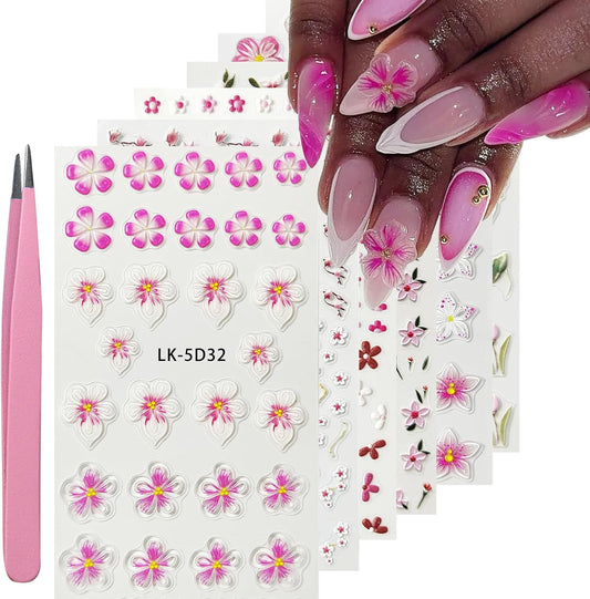Nail Art Stickers Decals 5D Embossed Flower Nail Decals Self Adhesive Spring Summer Plumeria Tulip