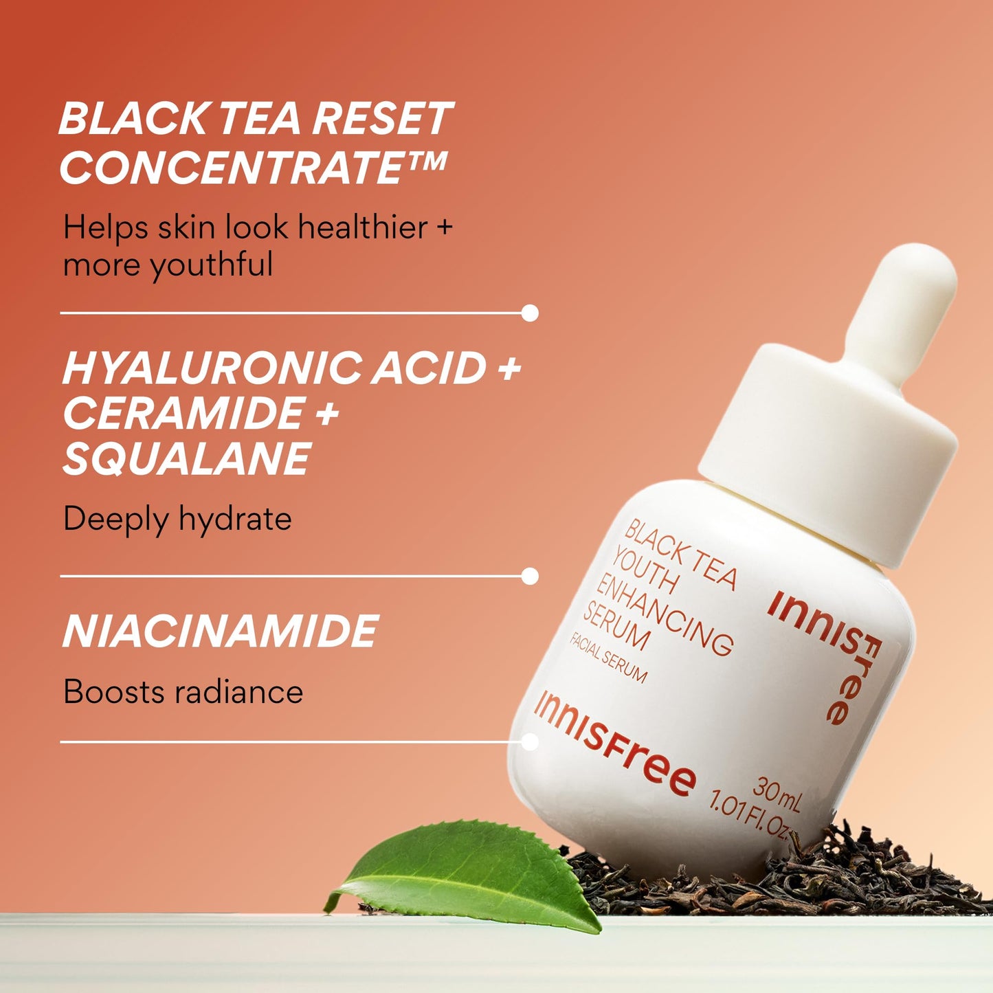 innisfree Black Tea Youth Serum | Korean Anti-Aging Treatment with Niacinamide for Radiance, Firm